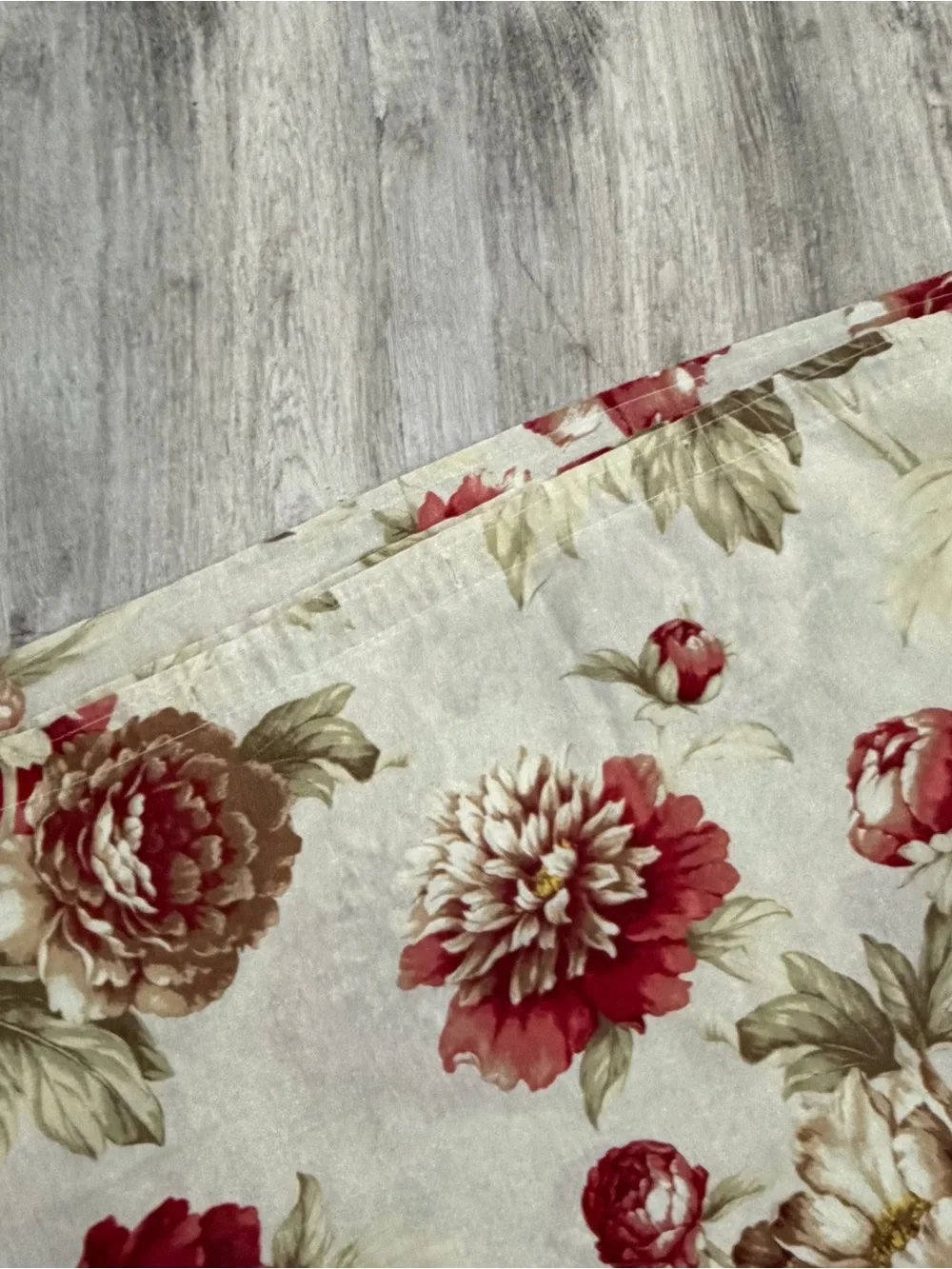 Vintage 90s Red Flower Floral Shower Curtain Beige cottage country farm